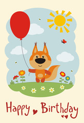 Happy birthday! Funny squirrel with balloon on flower meadow. Card in cartoon style.