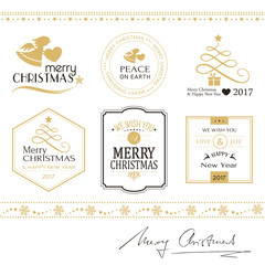 Merry Christmas icons, borders isolated on white in gold and bla