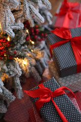 Christmas background with blue and red gifts