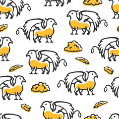 Seamless pattern with griffin and clouds. Cute little cartoon mythical beast. Yellow griffin with clouds and feathers