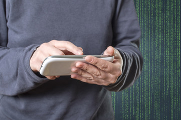 Person using a smart phone in deep web cyberspace.