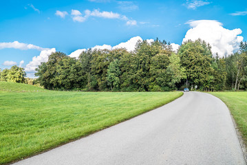 PKW auf Landstraße fährt aus dem Wald