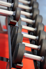 Fototapeta na wymiar Dumbbells weights lined up in a fitness studio