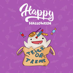 Fototapeta na wymiar Happy Halloween - party hand drawn lettering sketch with cute ghost and a bag of sweets. Fun colorful greeting card, illustration for t-shirt print, banner, flyer, poster design.
