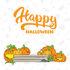 Happy Halloween - party hand drawn lettering and sketch with cute pumpkins on the porch. Fun colorful brush ink typography greeting card, illustration for t-shirt print, banner, poster design.