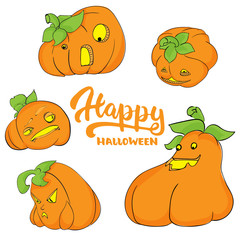 Cute pumpkins character set. Halloween party hand drawn lettering and sketch. Fun colorful brush ink typography greeting card, illustration for t-shirt print, banner, flyer, poster design.
