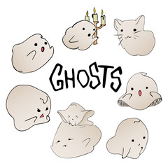 Cute ghost characters set. Halloween party hand drawn lettering and sketch. Fun colorful greeting card, illustration for t-shirt print, banner, flyer, poster design.