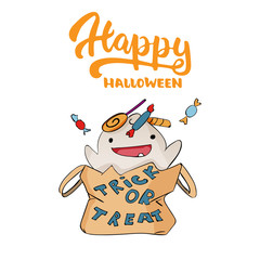 Happy Halloween - party hand drawn lettering and sketch cute ghost with a bag of sweets. Fun colorful greeting card, illustration for t-shirt print, banner, flyer, poster design.