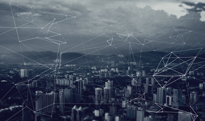 network of relationships and contacts over the metropolis , blue toning