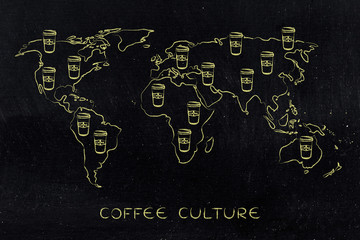 coffee tumblers all over a world map