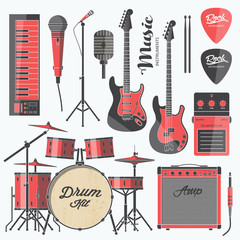 Obraz premium Vector string music instruments. Stylized geometric flat illustration musical kit for icon, banner, poster, flyer design. Violin, Contrabass, mandolin, guitar, banjo and harp illustration set.