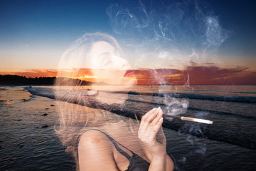 Double exposure of sexy woman smoking and beautiful sea sunset