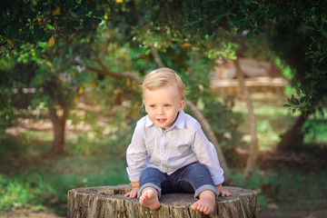 Cute little boy sitting on a stump. Expressing Positivity Concep