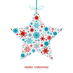 Christmas  card with  star with red, blue and gray snowflakes.