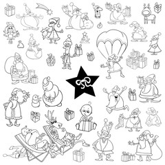 black and white xmas cartoon set