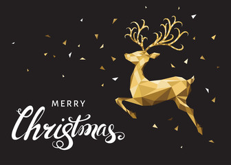 Obraz na płótnie Canvas Christmas low poly triangle gold deer and lettering.