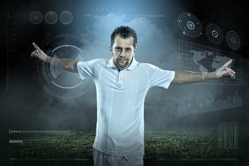 Soccer player with ball in action outdoors