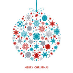 Christmas card with Xmas ball with colorful snowflakes.