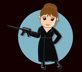 Womangangster holding rifle against black background