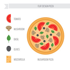 Mushroom pizza with ingredients. Flat style vector illustration.
