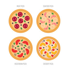 Pizza icon set. Meat, seafood, vegetarian, desert pizza. Flat style