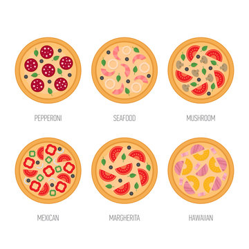 Pizza icon set. Pepperoni, mushroom, seafood, mexican, margherita, hawaiian pizza. Flat style vector illustration.