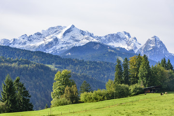 Fototapeta na wymiar Blick auf die frisch verschneiten Gipfel von Zugspitze, Alpspitze und Waxenstein