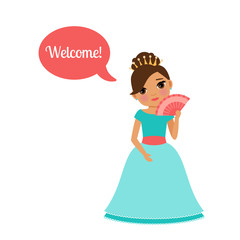 Cute cartoon princess with speech bubble Welcome for game design vector illustration