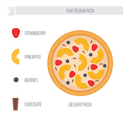 Dessert pizza with ingredients. Flat style vector illustration.