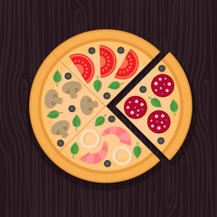 Pizza slice. Pepperoni, mushroom, seafood, vegetarian. Flat style.