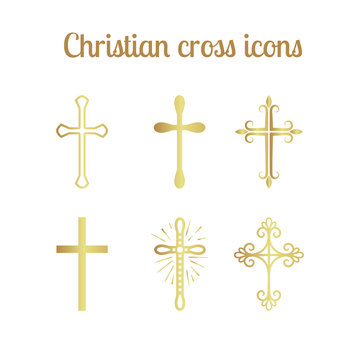 Golden christian cross icons isolated set. Vector illustration