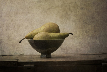Fruit still life with pears on wooden table. Vintage rustic food image with artistic texture effect. - 123638060