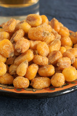 Corn nuts or cornicks a roasted and seasoned maize snack