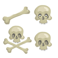 Cartoon scull set with crossbones and eyes. Trendy pirates and halloween party vector icon.