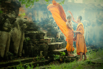 Two Novices at Ayutthaya Historical Park in Thailand