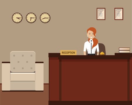 Hotel reception. Young woman receptionist stands at reception desk. Travel, hospitality, hotel booking concept. Vector flat illustration