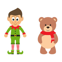cartoon christmas elf and winter bear on a white background