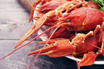 Boiled crayfish in a plate with parsley greens on a wooden background