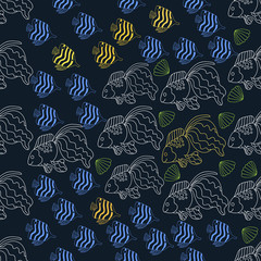 Sea pattern with fish on a blue background. 