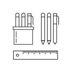 Set of pens, pencils and marker in pen holder vector line outline style, black line biro pens and ruler, concept of stationery set isolated on white background