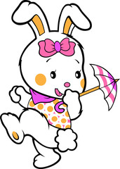 Easter bunny rabbit and umbrella cute cartoon animal flat vector illustration.