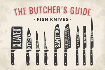 Fish cutting knives set. Poster Butcher diagram and scheme - Fish Knives. Set of butcher fish knives for butcher shop and design butcher themes. Vintage typographic hand-drawn. Vector illustration