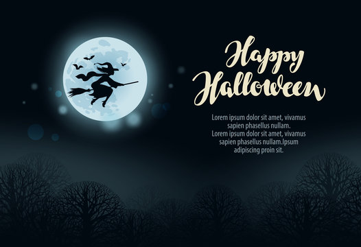 Happy Halloween. Witch flies on broomstick in dark forest at night
