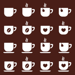 cup of coffee tea hot drink brown vector white icons set on brow