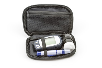 Fototapeta premium blood glucose meter test kit, the blood sugar value is measured