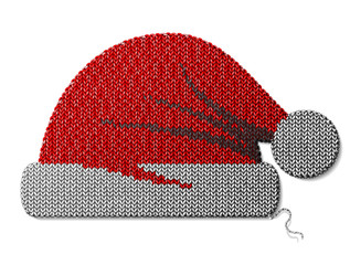 Santa Claus hat of knitted fabric isolated on white. Fragment of knitting in shape of red christmas hat. Vector image for christmas, new years day, decoration, winter holiday, costume, silvester, etc