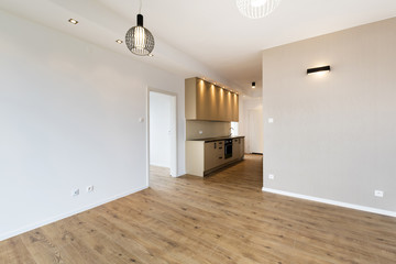Empty room with domestic kitchen