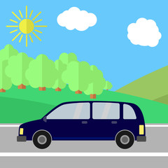 Fototapeta premium Dark Blue Sport Utility Vehicle on a Road on a Sunny Day. Summer Travel Illustration. 