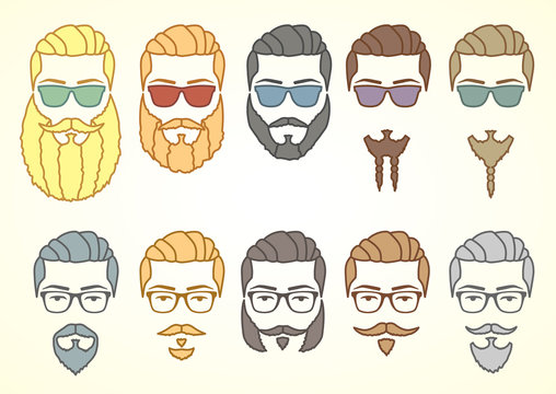 Vector illustration. Set of hipster face with mustaches and curly beards. Design elements for your stickers, card, posters, emblems, web design. Colored doodle