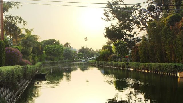 Venice Beach Grand Canal shot just before sunset from the bridge on West Washington boulevard in Los Angeles, California